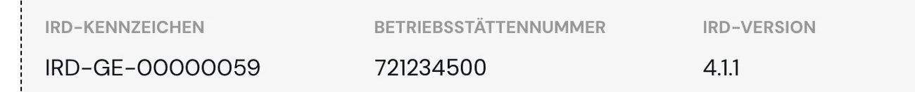 Übersicht der Einrichtungsdaten im Portal: IRD-Kennzeichen, Betriebsstättennummer und IRD-Version.